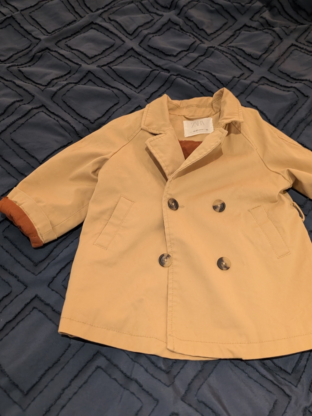 Zara Kids Beige Double-Breasted Pea Coat with Rust Accents